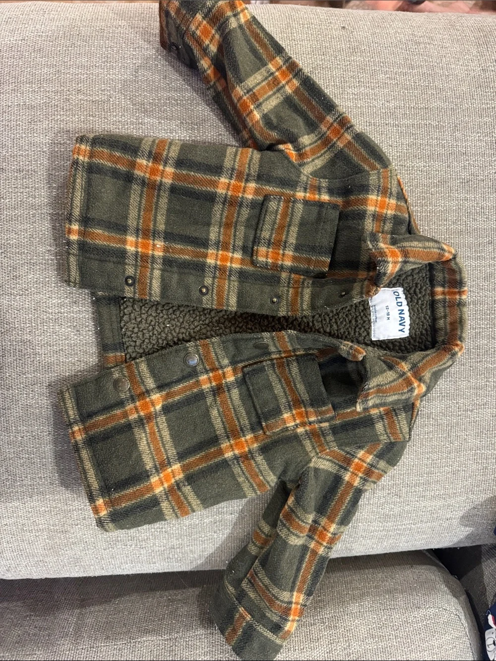 Old Navy Green and Orange Plaid Sherpa-Lined Jacket
